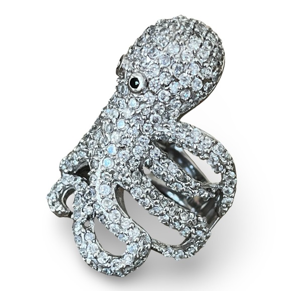 Large Sparkling Pave Silver Tone Statement Octopus Ring Size 7 - Picture 3 of 7